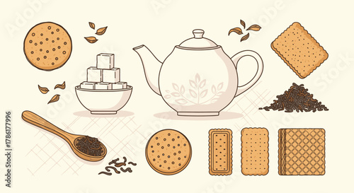 Tea Time Treats - A Collection of Biscuits, Tea, and Sugar.