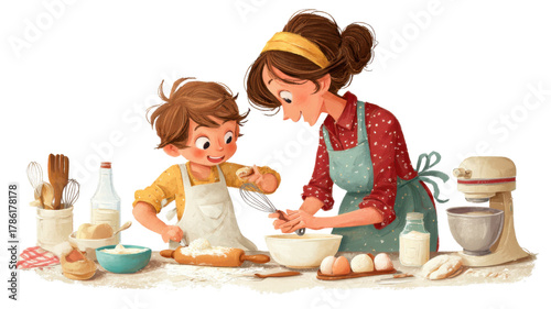 Mother and Son Baking Together in Cozy Kitchen Illustration on white background 