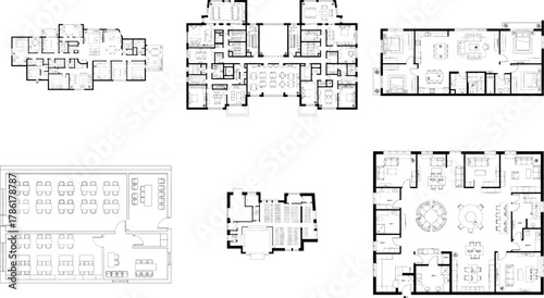 Collection of architectural floor plans for residential buildings