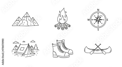 Hand-drawn camping icon collection featuring nature, equipment and navigation adventures in the