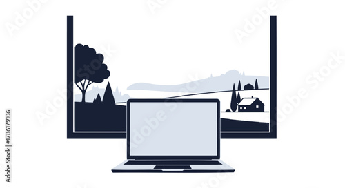 Laptop displaying a stylized landscape view through a window frame symbolizing remote work and nature connection