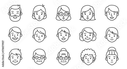 Diverse line art faces showcasing emotions and demographics for creative projects