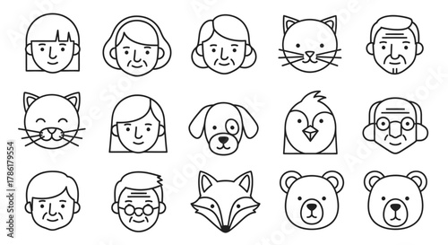Set of simple line art faces representing diverse people and animals, suitable for stickers or icons