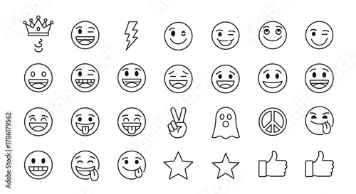 A collection of cheerful emoji icons showcasing diverse emotions and symbols with clean