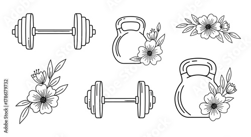 Delicate strength floral fitness weights illustrations in a minimalist style for health and