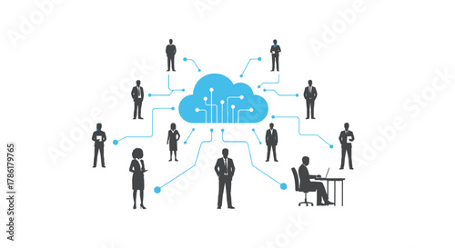 Diverse business professionals connected to a central blue cloud icon representing data and technology integration