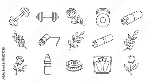 Hand-drawn Wellness Icons: A Blend of Fitness Gear and Delicate Floral Elements for Lifestyle