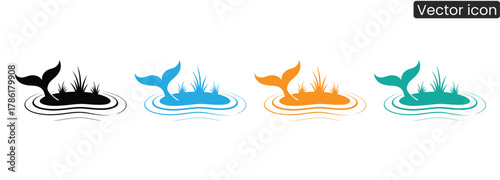 Charming whale tails surface from tranquil waters, accented by vibrant reeds. Perfect for creating playful, serene aquatic themes and designs.