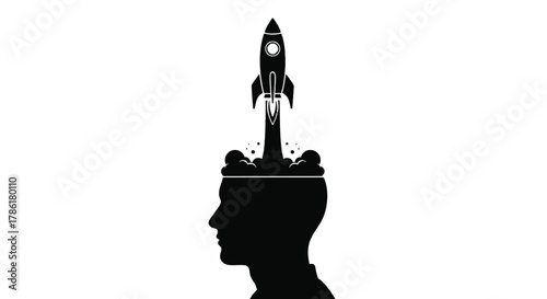 Silhouette of a human head with a rocket launching from the top symbolizing new ideas and innovation