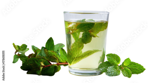 Fresh Mint Tea in Glass Cup on White Background