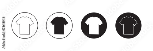 Flat T-Shirt Icon Pack Vector Design in Black Circular Background. T-Shirt Icon Set in Black Circle Vector Illustration of Clothing Design. Black Circle T-Shirt Vector Icons Set.