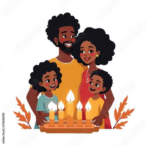Happy african american family celebrating hanukkah together with menorah and candles illustration