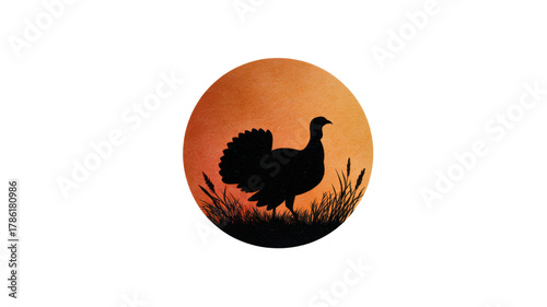 Turkey Silhouette Against Orange Sunset Circle on White Background