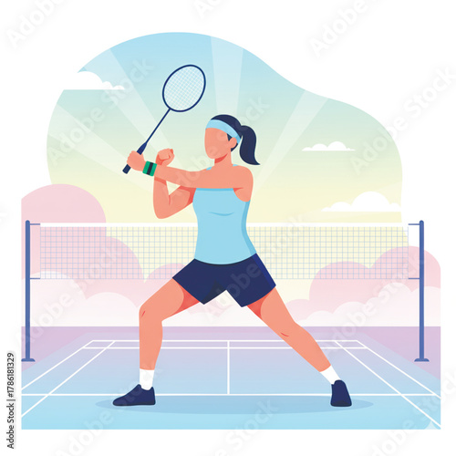 Flat vector illustration of a female badminton player in sportswear preparing to serve on court under bright sky. Modern fitness and active lifestyle concept. Vector illustration