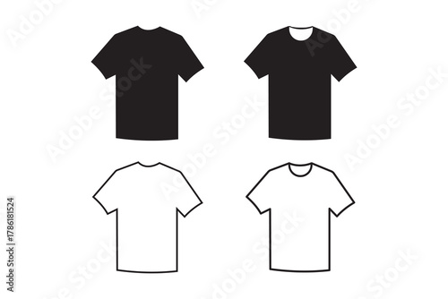Flat Black T-Shirt Icon front and back Set Vector Illustration of Casual Clothing. T-Shirt Silhouette Vector Icon Pack for Apparel and Garment Template Design. eps10