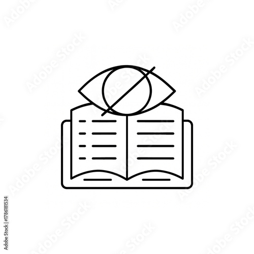 Abstract symbol representing blind reading or censorship of information, a book blocked by an eye icon