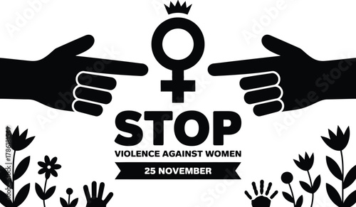 Stop violence against women symbol with pointing hands and flowers
