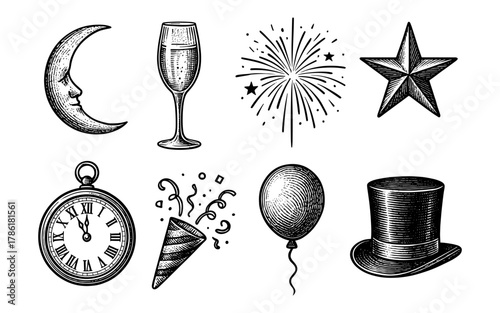 Vintage celebration elements: moon, star, champagne, fireworks, balloon, top hat