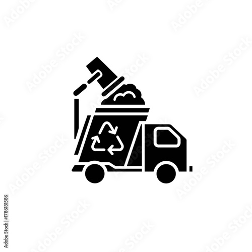 Modern garbage truck collecting waste with recycling symbol clearly visible on its side