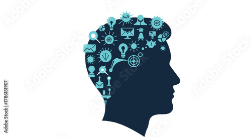 Silhouette of a human head filled with icons representing ideas innovation technology and communication concepts