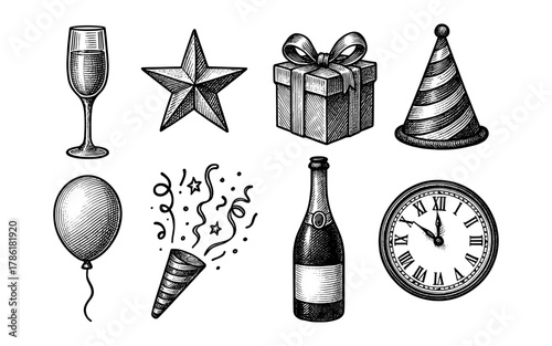 Vintage celebration elements: hand-drawn party icons for festive occasions