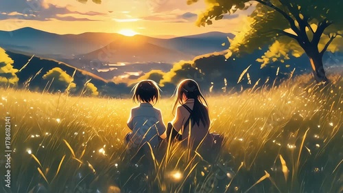 Two friends watching the sunset in a beautiful golden field, anime style. 4K seamless loop wallpaper for stream overlays, relaxation visuals. Lo-fi. Lofi.