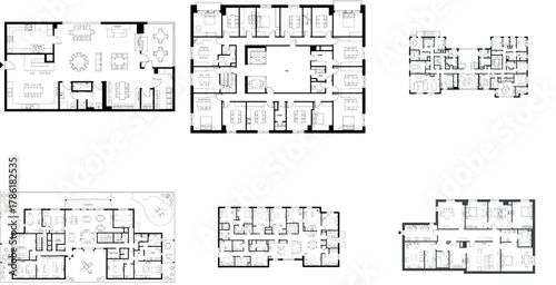 Collection of various floor plan layouts for residential buildings