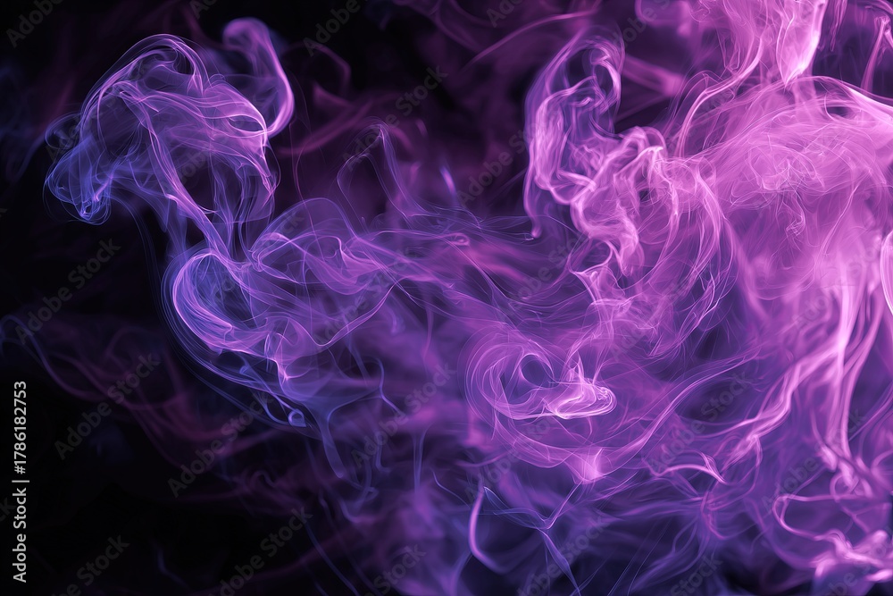 Obraz premium Vibrant gradient of purple and pink swirling smoke against dark background, generating an ethereal and mysterious visual for creative projects with ample copy space.
