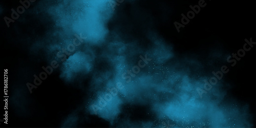Blue powder dust smoke on black background. abstract background. Space of night sky with cloud and stars. Nebula and galaxies in space. Abstract cosmos background.