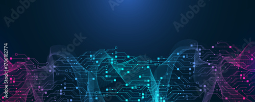 Modern technology circuit board texture background design. Quantum computer technologies concepts, large data processing. Futuristic blue circuit board background. Minimal vector motherboard