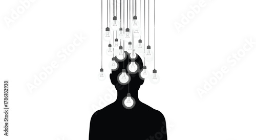 Silhouette of a person s head filled with glowing light bulbs representing ideas and creativity