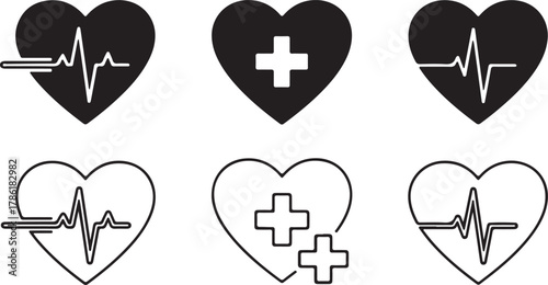 Collection of six heart icons with medical symbols, including electrocardiogram lines and crosses, in both filled and outline styles, isolated on white background