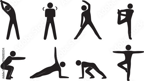 Collection of eight black silhouette icons representing various yoga poses and fitness exercises isolated on a white background