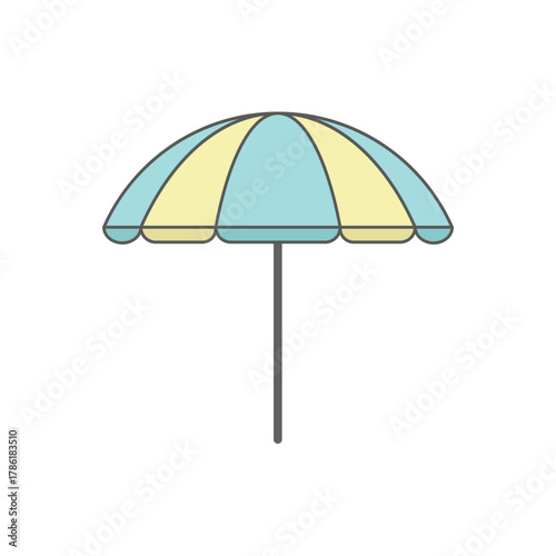 Vector illustration of a striped blue and yellow beach umbrella, symbolizing summer vacation, sun protection, leisure, and coastal travel.