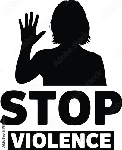 Silhouette of a person raising hand with stop violence message