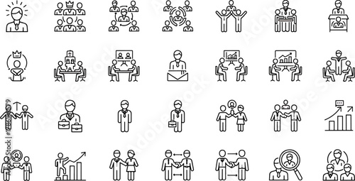 Business People Icons Set Collection Diverse Professionals Working Collaborating and Succeeding in Modern Office Settings