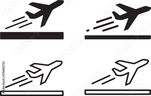 Set of four airplane takeoff icons, two solid black and two outline, isolated on white background