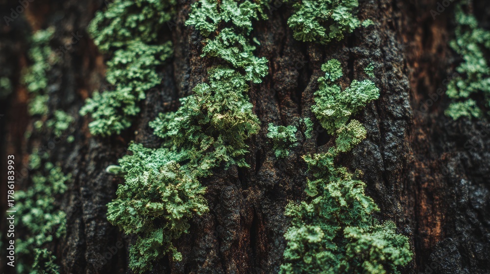 Obraz premium Close-up view of green lichen growing on dark textured tree bark, showing natural organic pattern, earthy surface details, forest environment, resilience, biology and quiet woodland life