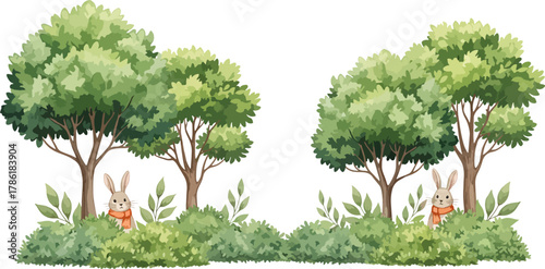 Charming Watercolor Illustration of Two Cute Bunnies Peeking Out from Lush Green Bushes Amidst Verdant Trees
