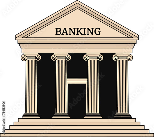 Classic Banking Building Facade with Ionic Columns and Pediment, Symbolizing Finance and Economic Institutions