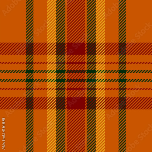 Clan background texture plaid, flow check vector pattern. Mid tartan fabric textile seamless in orange and maroon colors.