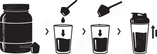 Instructions for preparing a protein shake with a scoop, glass, and shaker bottle, isolated on white background