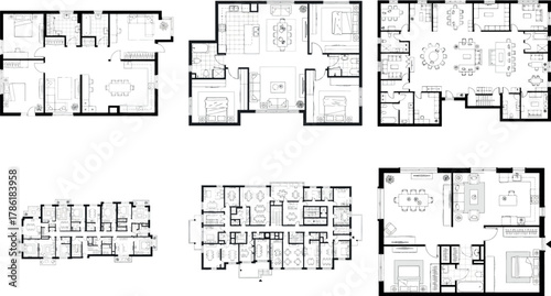 Set of six detailed architectural floor plans illustrating interior room arrangements