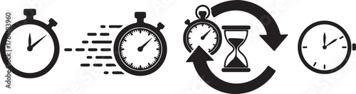 Collection of black icons representing time, including stopwatches, an hourglass, and clocks, isolated on white background