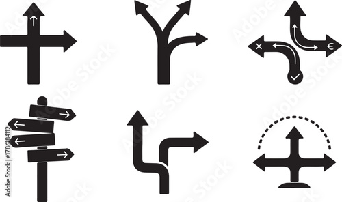 Collection of black arrow icons representing different directions, choices, and pathways, isolated on white background
