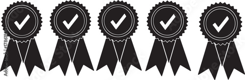 Five black award ribbons with white checkmarks inside a circle, isolated on white background
