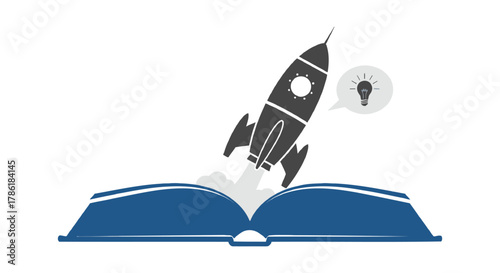 A rocket ship launches from an open book symbolizing the power of knowledge and new ideas taking flight