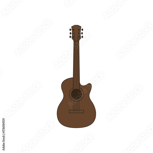 Vector illustration of a brown acoustic guitar with six strings, symbolizing music, concert, performance, entertainment, and hobby.