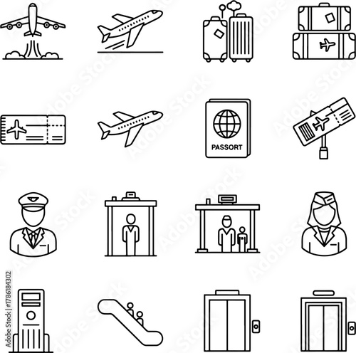 Collection of Airport Icons Representing Travel Services and Passenger Journey Elements Including Airplanes, Luggage, and Staff