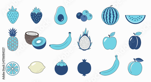 Collection of assorted fruits and berries depicted in a blue color palette, featuring strawberries, avocado, pineapple, banana, and more